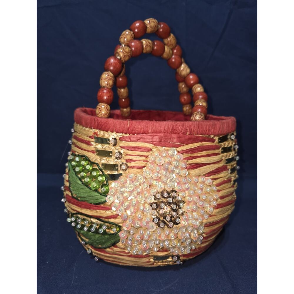 Vintage Boho Woven Straw Mini Handbag – Floral Sequin & Bead Accents